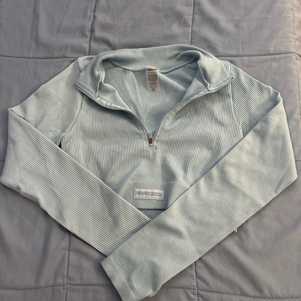 Light Blue Ribbed Half-Zip Long Sleeve Work Out Top
